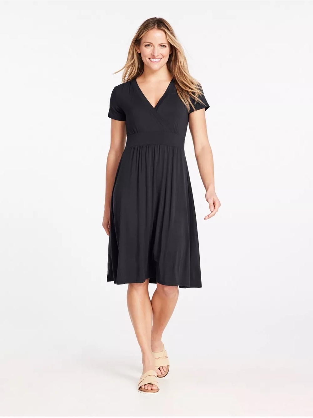 L.L. Bean Black V-Neck Short Sleeve Midi Dress